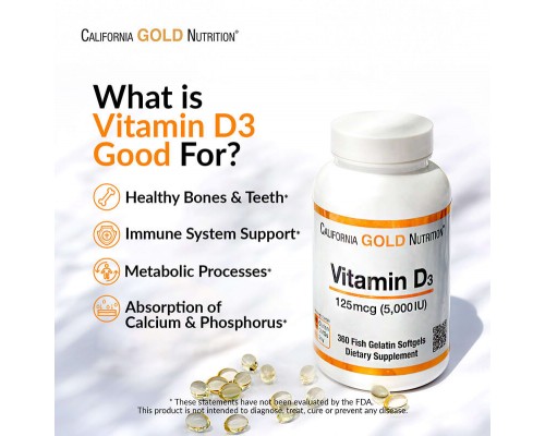 Вітамін Д3 California Gold Nutrition (Vitamin D3) 5000 МО 360 желатинових капсул