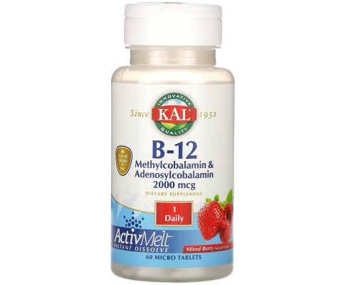 Вітамін B12 KAL (B12 Methylcobalamin & Adenosylcobalamin) 2000 мкг 60 таблеток ягоди