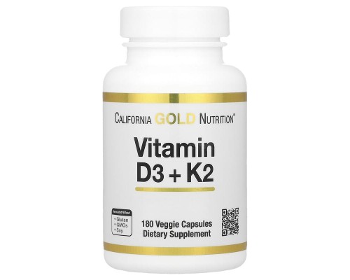 Вітамін Д3+К2 California Gold Nutrition (Vitamin D3+K2) 180 капсул