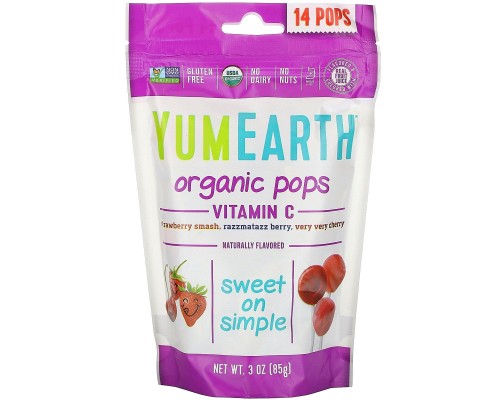 Чупачупсы с витамином С и разными фруктовыми вкусами органик YumEarth (Organic Pops Vitamin C Strawberry Smash Razzmatazz Berry Very Very Cherry) 14 шт по 85 г