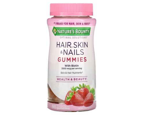 Вітаміни для волосся шкіри та нігтів Nature's Bounty (Hair Skin & Nails Gummies Optimal Solutions) 80 полуничних цукерок