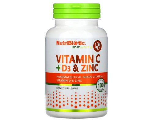 Вітамін C Вітамін Д3 та цинк для імунітету NutriBiotic (Immunity Vitamin C + D3 & Zinc) 100 капсул