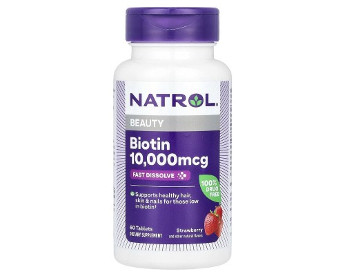 Natrol, швидкорозчинний біотин, максимальна ефективність, полуниця, 10 000 мкг, 60 таблеток