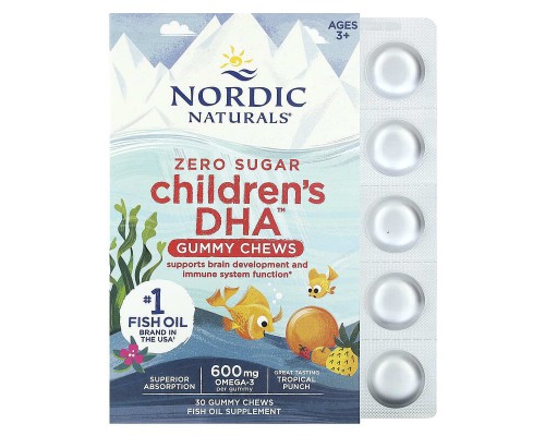 Nordic Naturals, Children's DHA, жевательные таблетки с ДГК для детей 2–6 лет, со вкусом тропического пунша, 600 мг, 30 жевательных таблеток