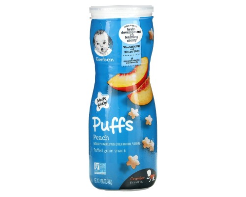 Пуфы для детей от 8 месяцев с персиком Gerber (Puffed Grain Snack 8+ Months Peach) 42 г