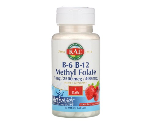 Витамин В-6 и В-12 метилфолат, смешанная ягода, B-6, B-12 Methyl Folate ActivMelt, KAL, 3 мг/2500 мкг/400 мкг, 60 таблеток