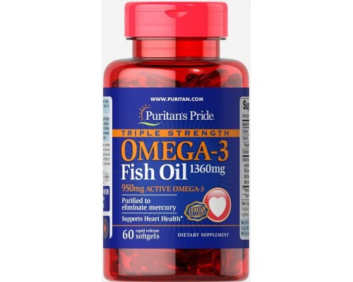 Омега-3 рыбьего жира тройной силы Puritan's Pride (Omega-3 Fish Oil) 1360 мг 60 мягких капсул