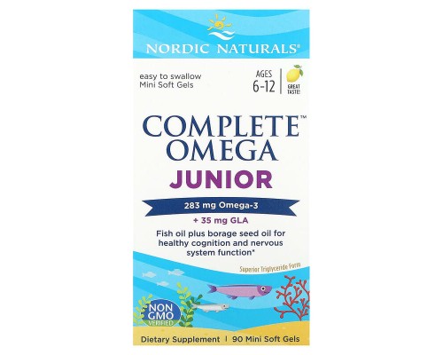 Nordic Naturals, Complete Omega Junior, для дітей віком 6–12 років, зі смаком лимона, 283 мг, 90 міні-капсул