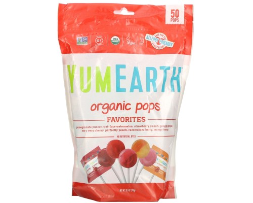 Чупачупсы с разными фруктовыми вкусами органик YumEarth (Pops) 50 шт 349 г