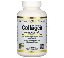 Гідролізовані колагенові пептиди + витамин С тип 1 і 3 California Gold Nutrition (Hydrolyzed Collagen Peptides + Vitamin C Type I & III) 6000 мг 250 таблеток