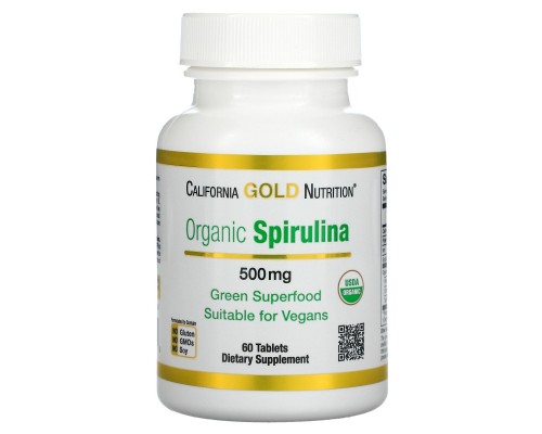 Органическая спирулина California Gold Nutrition (Organic Spirulina USDA Organic) 500 мг 60 таблеток