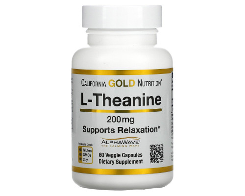 Теанін California Gold Nutrition (L-Theanine AlphaWave Supports Relaxation Calm Focus) 200 мг 60 вегетаріанських капсул