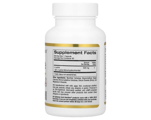 L-Лизин California Gold Nutrition 500 мг 60 растительных капсул L-Лизин California Gold Nutrition 500 мг 60 растительных капсул
