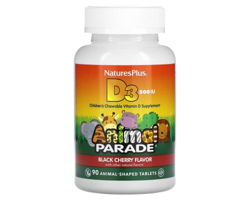 Вітамін D3 для дітей «Animal Parade» Nature's Plus 500 МО, 90 таблеток зі смаком чорної вишні Вітамін D3 для дітей «Animal Parade» Nature's Plus 500 МО, 90 таблеток зі смаком чорної вишні