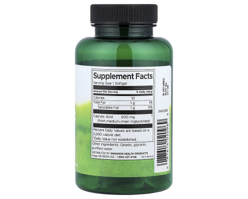 Каприловая кислота Swanson (Caprylic Acid) 600 мг, 60 мягких капсул