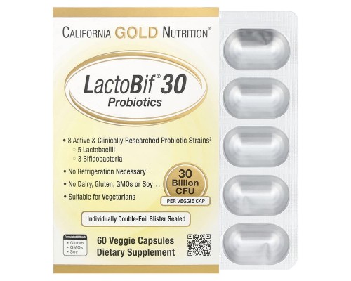 Пробиотики LactoBif California Gold Nutrition 30 млрд КОЕ, 60 вегетарианских капсул Пробиотики LactoBif California Gold Nutrition 30 млрд КОЕ, 60 вегетарианских капсул