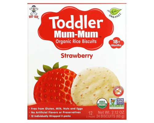 Печиво з органічним рисом Hot Kid (Toddler Mum-Mum) 60 г, 12 шт зі смаком полуниці