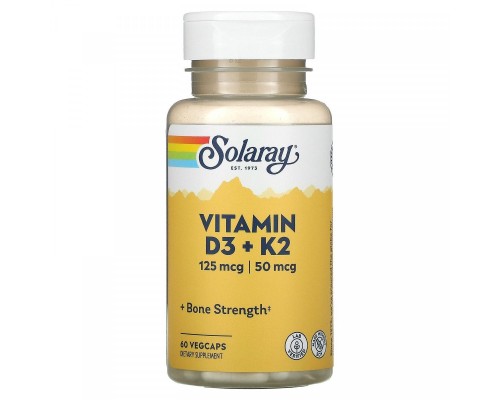 Витамин Д3 + К2 без сои Solaray (Vitamin D3 + K2) 60 вегетарианских капсул