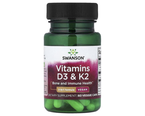 Вітамін Д3+К2 Swanson (Vitamin D3+K2) 60 веганських капсул