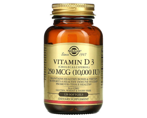 Натуральний вітамін Д3 Solgar (Vitamin D3) 250 мкг 10000 МО 120 гелевих капсул