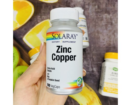 Цинк І Мідь, Zinc Copper, Solaray, 100 Вегетаріанських Капсул